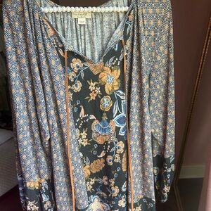 ONE WORLD Blue Asymmetrical 3/4 Sleeve Blouse